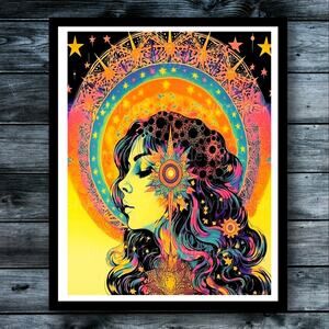 Art Nouveau Neon Cosmo Hippie Dreamy Psychedelic Meditation Art Print Wall Decor